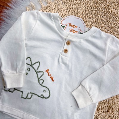 Conj. Blusa Manga Longa Baby Dino e Calça de Moletom - Off White e Verde